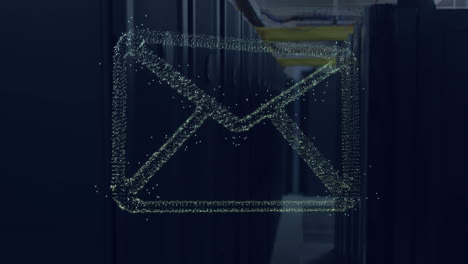 Glowing email icon animating over dark server room background with technology theme