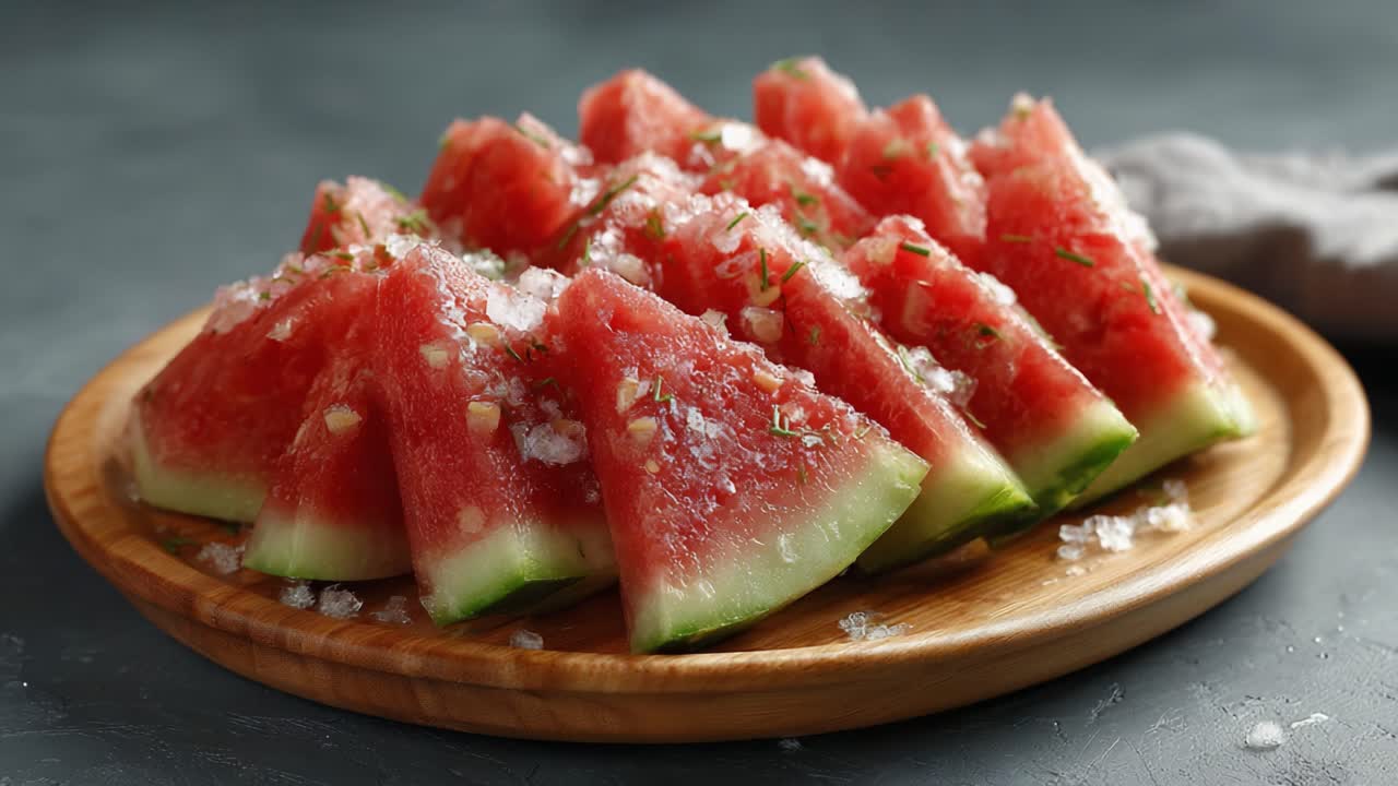Refreshing and Delicious Watermelon Slices Topped with a Light Sprinkle of Sea Salt Served on a Wooden Plate, Perfect for Summer Snacks and Parties