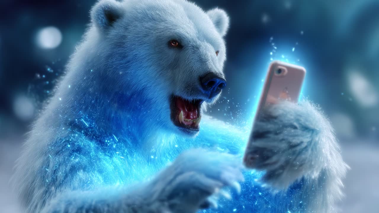 Un orso polare che interagisce con uno smartphone, mettendo in mostra la sua pelliccia vibrante che brilla di energia blu, a simboleggiare l'intersezione tra natura e tecnologia in una rappresentazione artistica stravagante e creativa