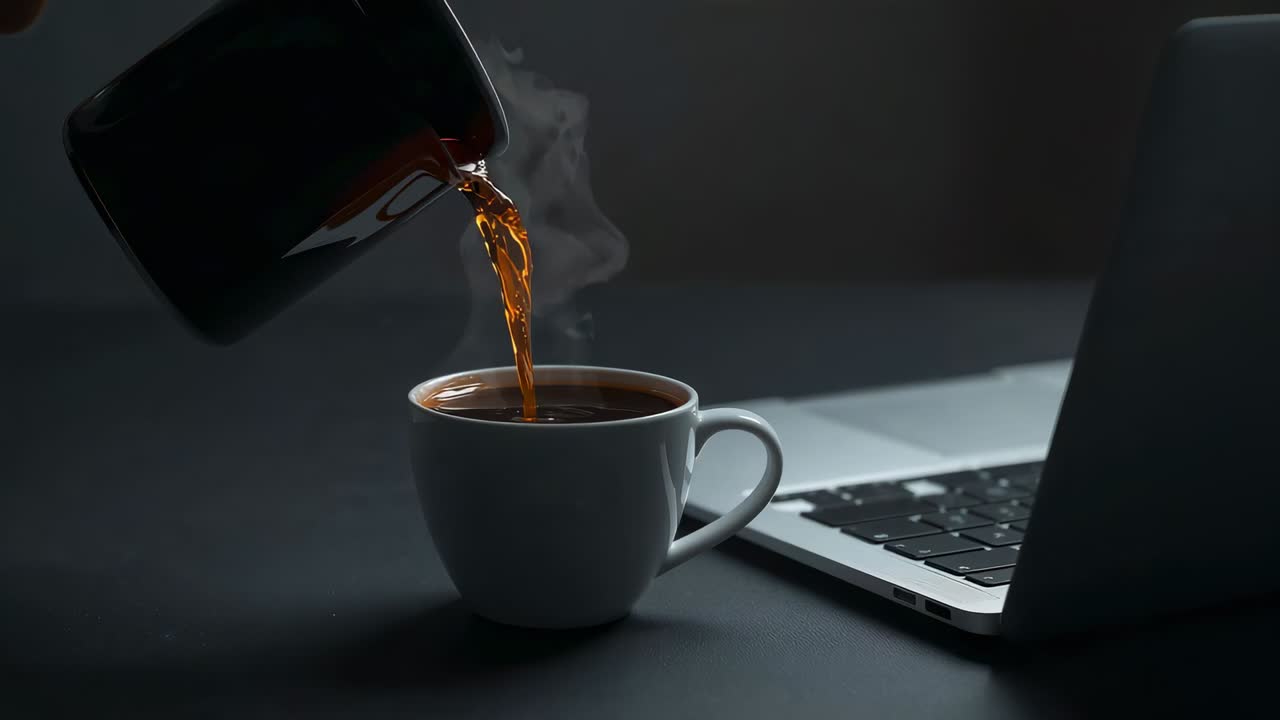 Tilting black coffee pot pouring hot coffee into white ceramic cup at desk, for laptop work