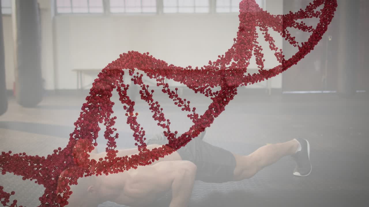Man from plank doing alternating knee drives and lunges for fitness while red DNA helix overlaying