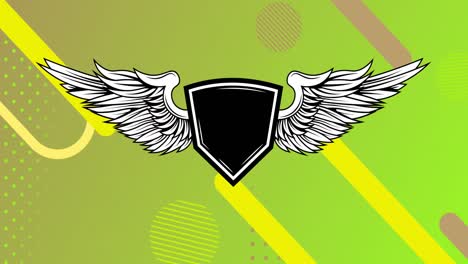 Animation-of-shield-with-wings-and-copy-space-and-neon-lines-moving-over-green-background