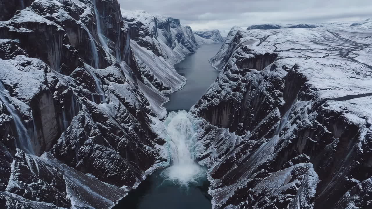 Winter Waterfall in a Mountainous Canyon