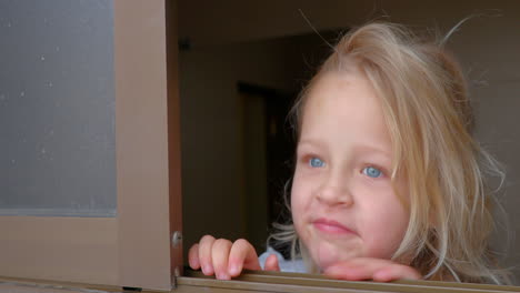 curious little child looking out of the open window at home