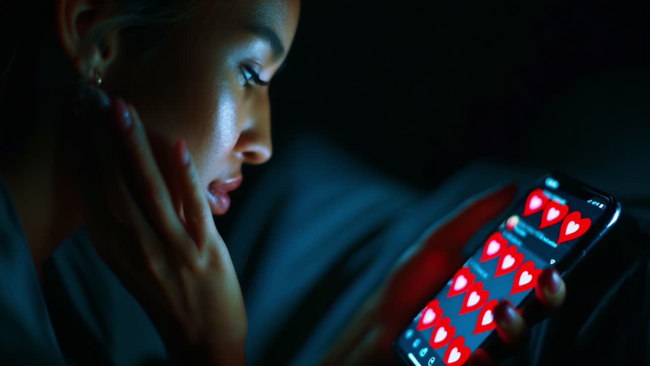 Engaged in Social Media: A Thoughtful Young Woman Enthusiastically Tracing Her Glowing Smartphone Screen While Exploring Heartwarming Reactions in a Dimly Lit Room