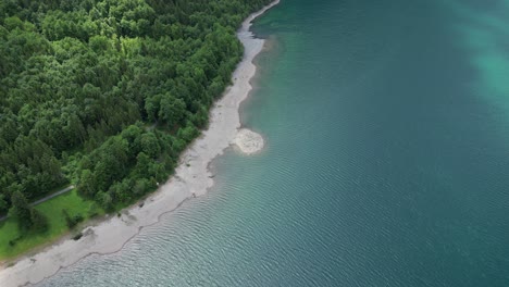 drone's aerial circular view of a lakescape's shore