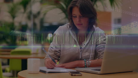 Animation-of-digital-scale-against-biracial-girl-taking-notes-and-talking-on-smartphone-at-college