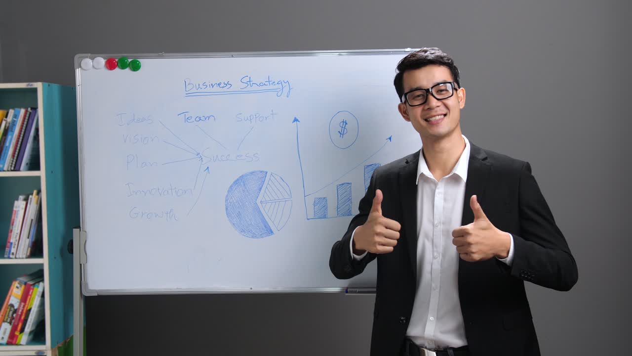 Asian Businessman Showing Thumbs Up With Whiteboard
