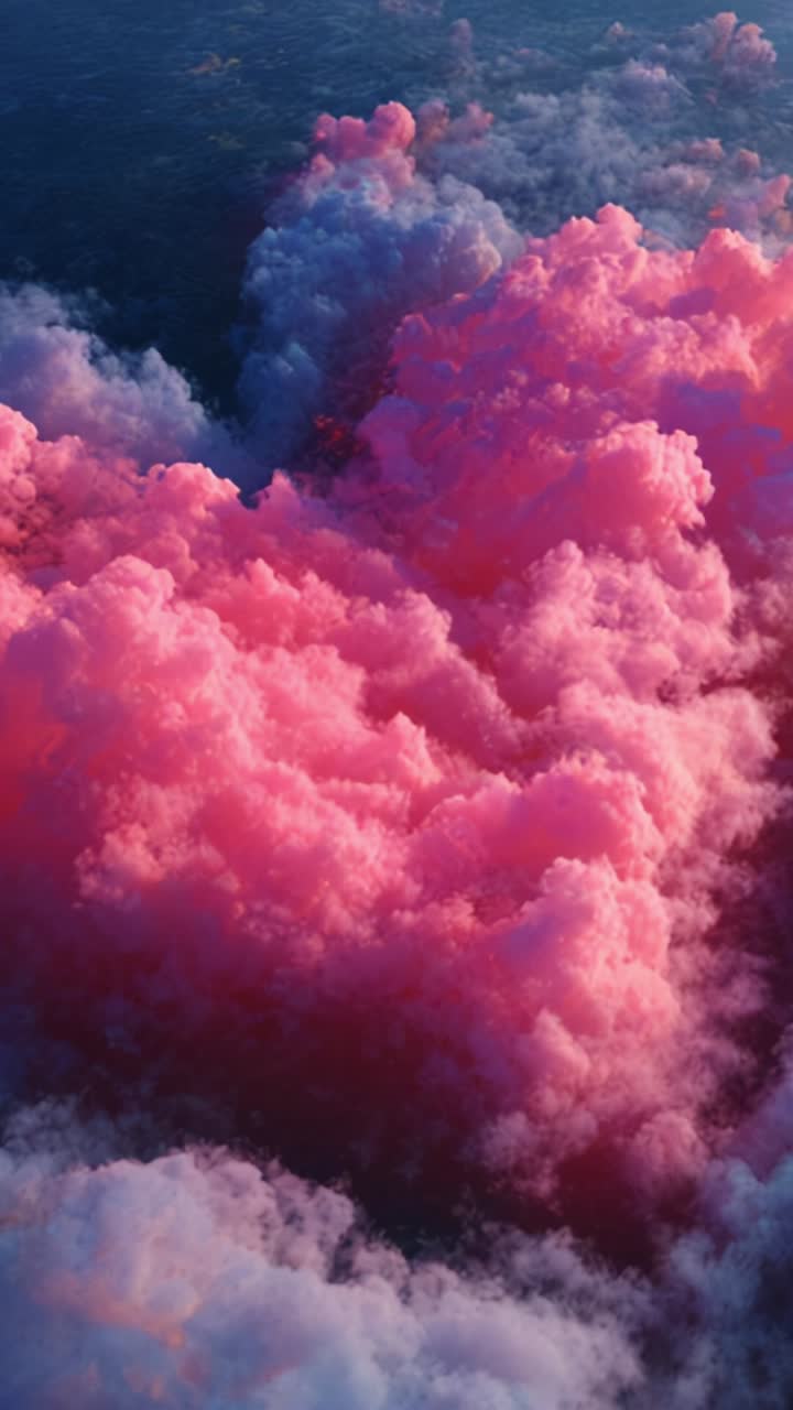 A Breathtaking Aerial View of Colorful Clouds in Pink Hues Over a Calm Ocean, Capturing the Beauty of Nature's Chromatic Display and Serenity