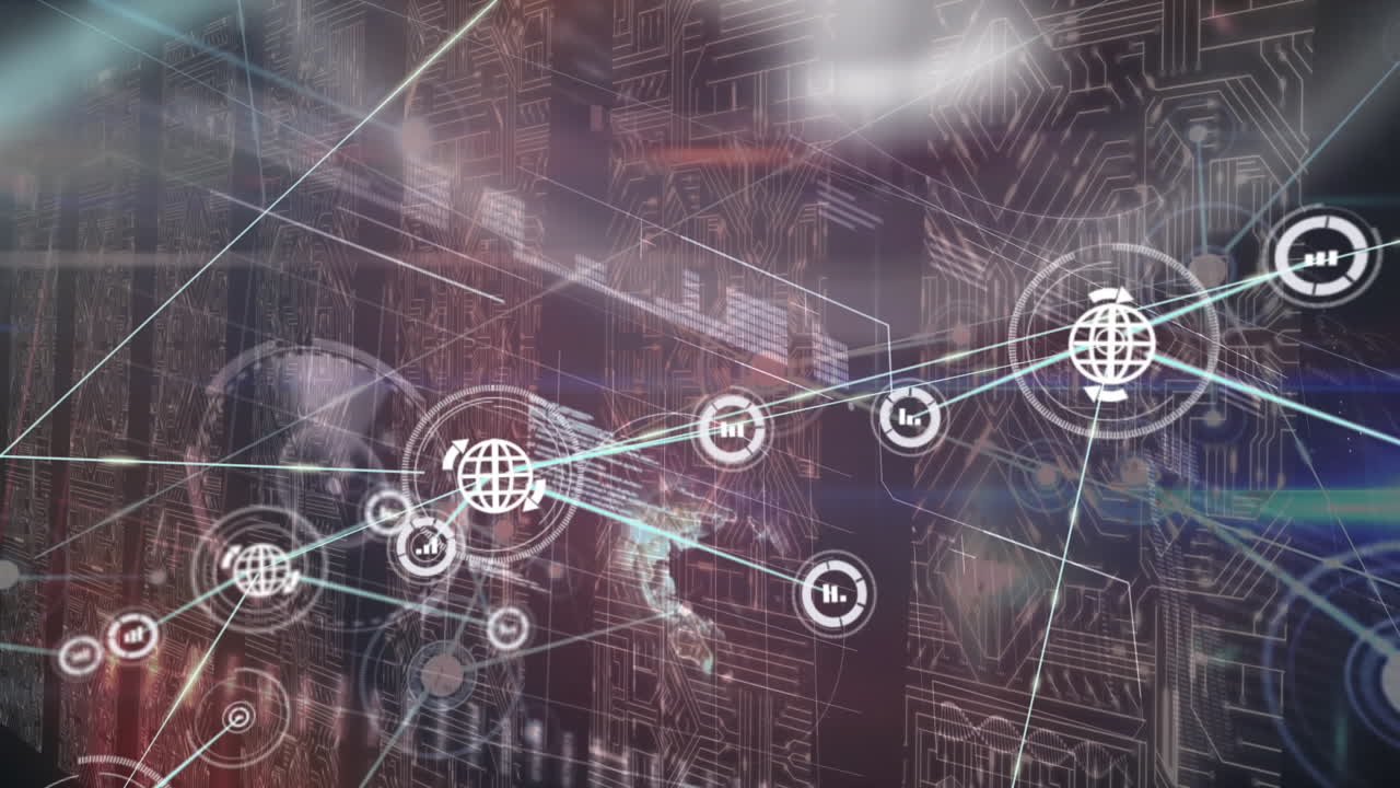 animación de la red de conexiones y procesamiento de datos a través de servidores informáticos