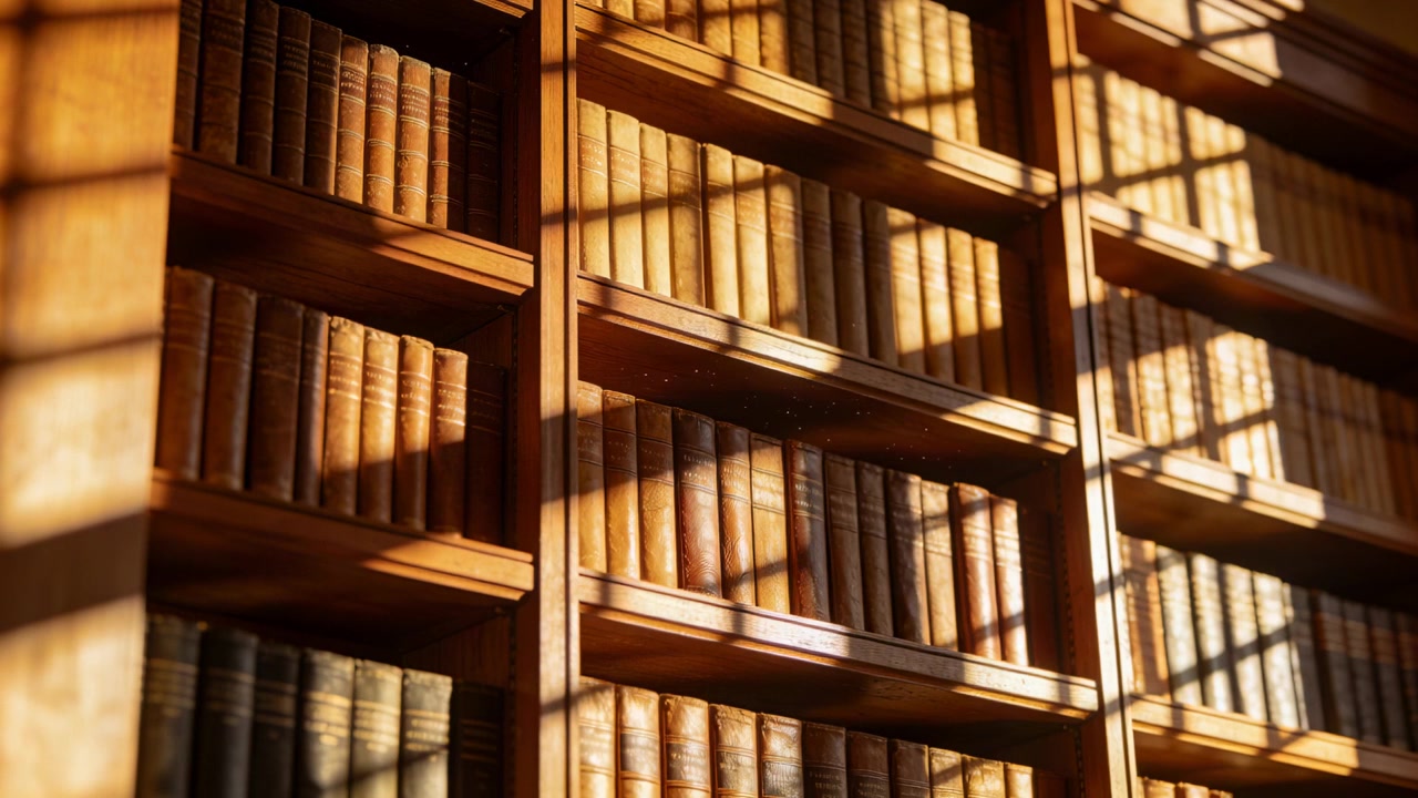 Telecamera panoramica su un'alta libreria in una biblioteca, rivelando libri in pelle dorata nelle ombre della griglia di una finestra.