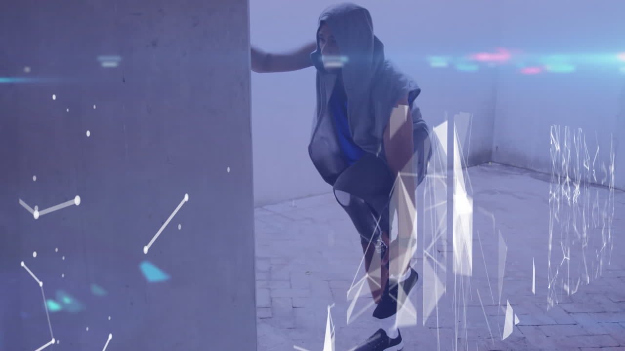 animación de la red y procesamiento de datos sobre atletas masculinos con prótesis de pierna haciendo ejercicio al aire libre