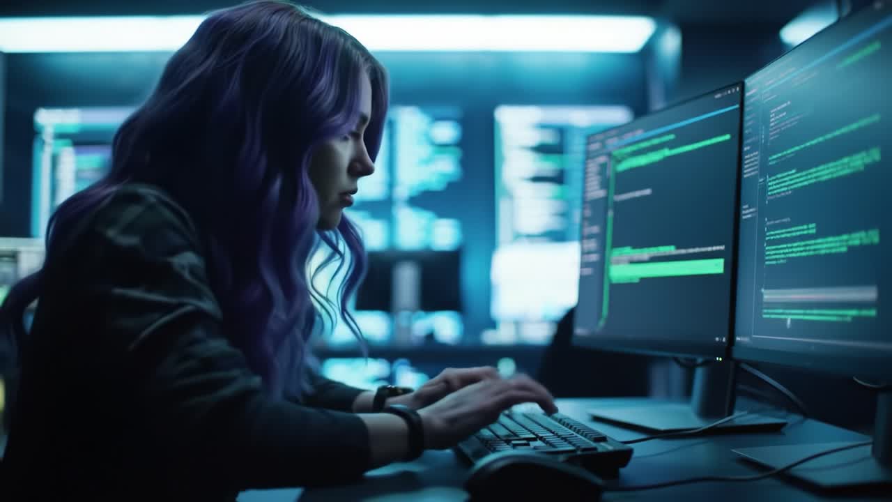 An Intense Coding Session: A Young Woman Engaged in Programming Amidst Futuristic Technology in a Dimly Lit Cyber Environment