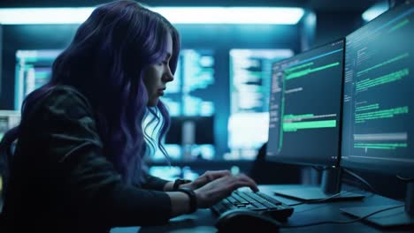 an intense coding session: a young woman engaged in programming amidst futuristic technology in a dimly lit cyber environment