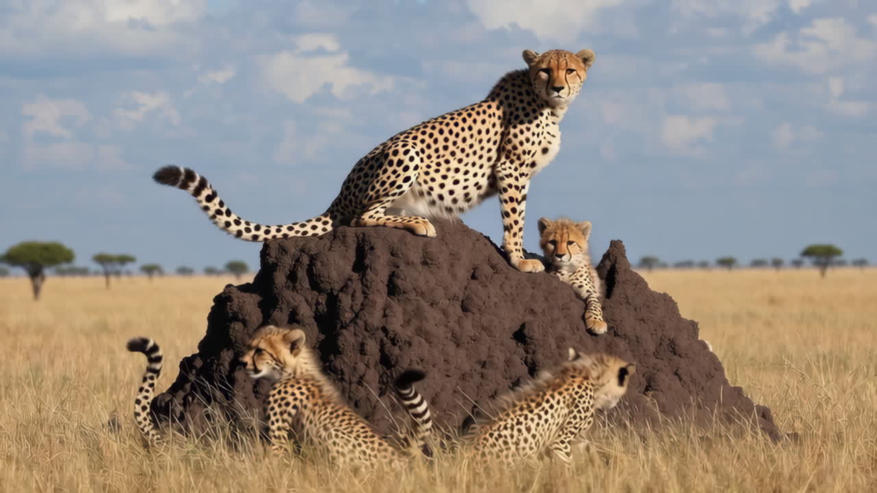 Cheetah family on a termite mound in the savanna