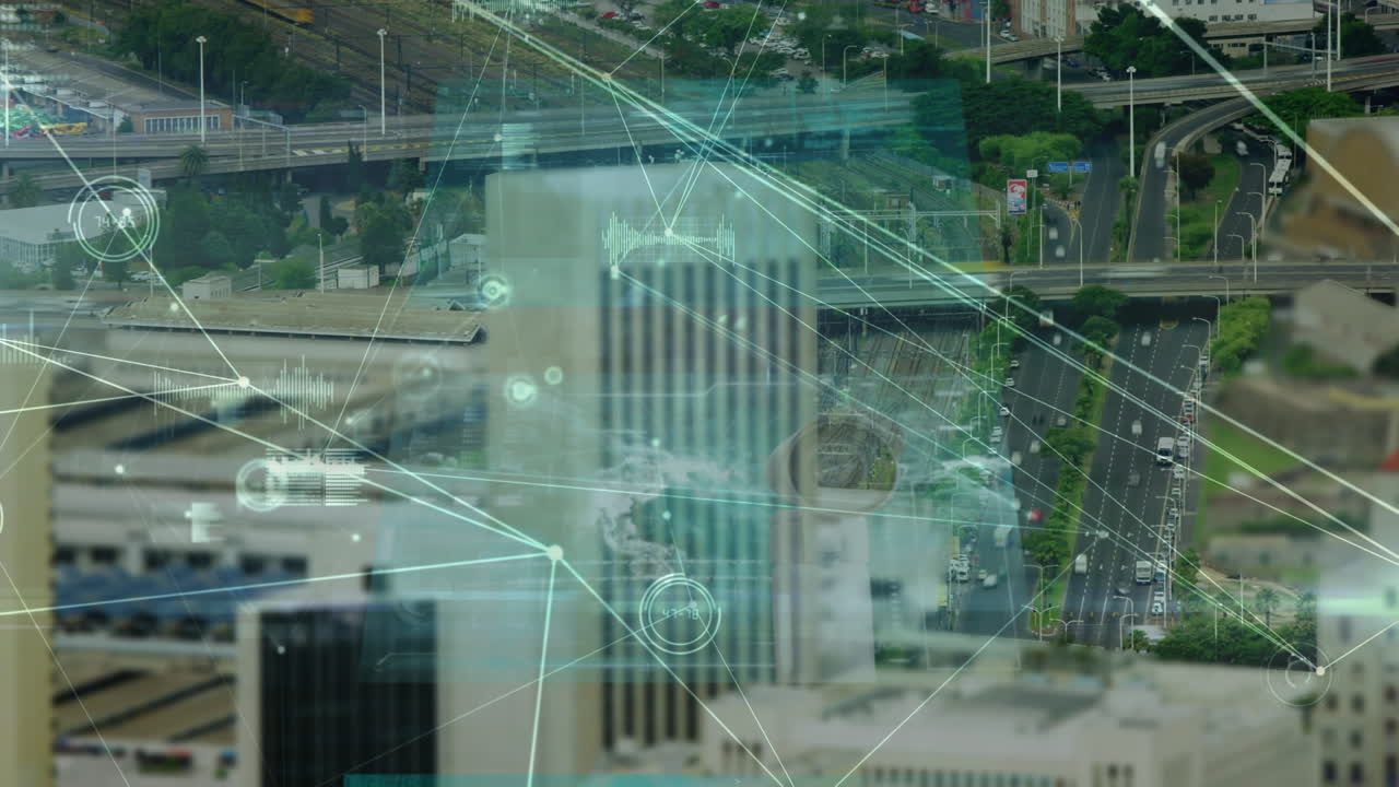 Animation of network of connections and data processing over cityscape
