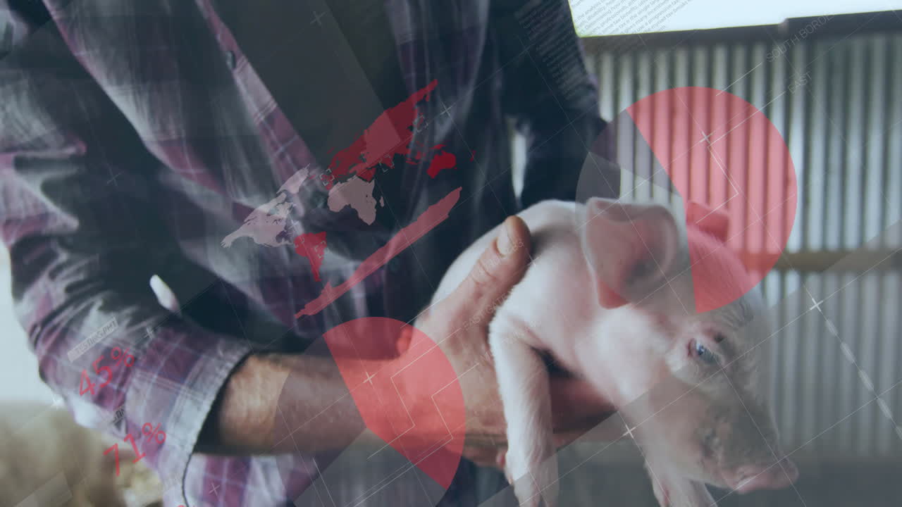 farm worker holding lamb in barn, with animated farm management chart and health icons