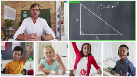 animation of six screens of diverse children, teacher and chalkboard during online maths lesson