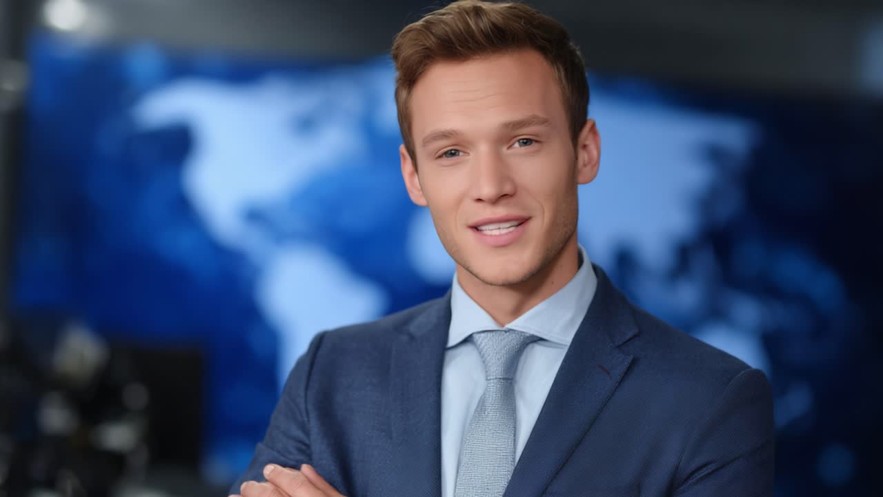 Un conduttore di telegiornale di sesso maschile sicuro di sé presenta un evento dell'ultima ora in studio con atteggiamento professionale e un sorriso coinvolgente in un ambiente dinamico di trasmissione