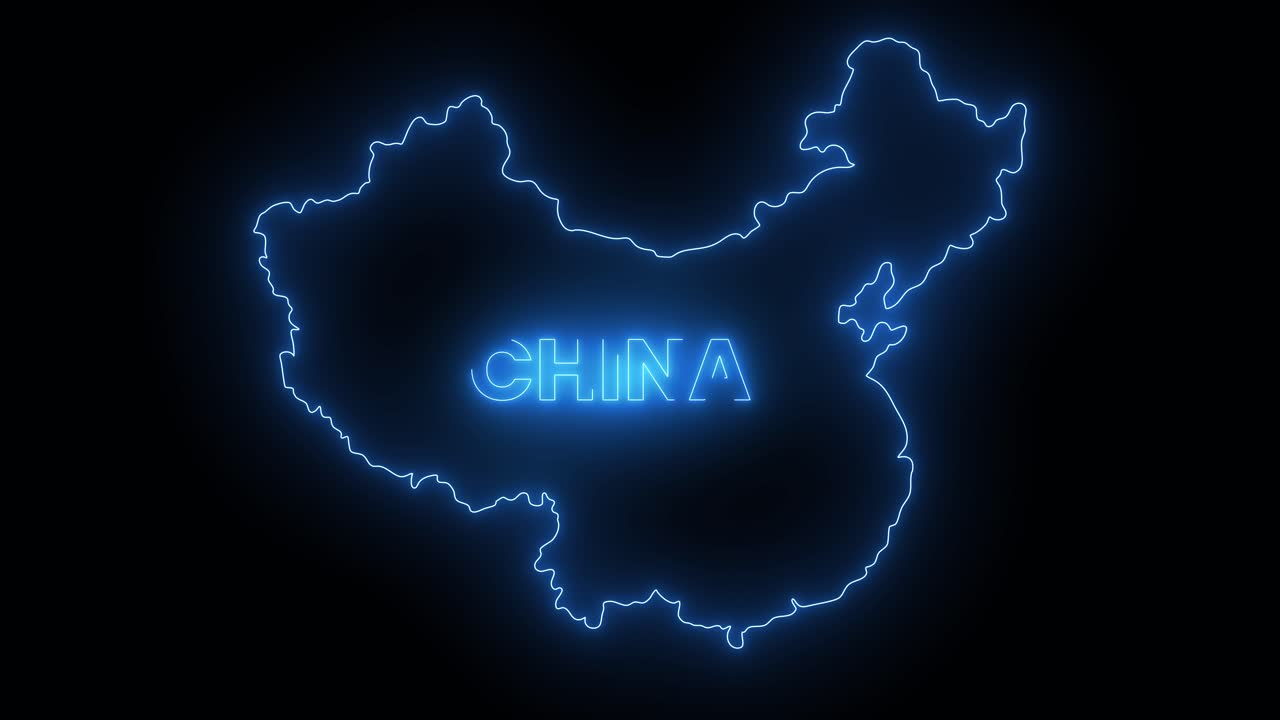 Mapa da China em neon brilhante com animação de reflexo de lente isolado em fundo preto