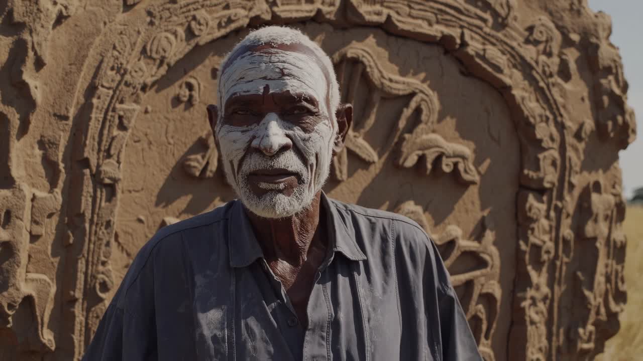 Dogon elder wearing ceremonial white face paint standing near ancestral stone carved with symbolic cosmological markings in rural Tireli village, Mali's traditional cultural landscape