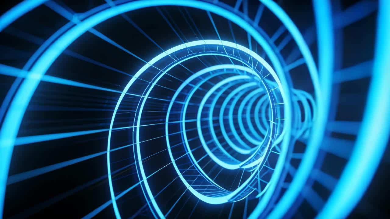 Dollying camera revealing glowing neon-blue helical tunnel in dark void, showing radial struts