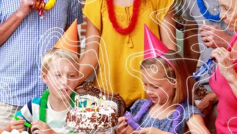 animación de líneas de contorno blancas que se mueven sobre una familia feliz de varias generaciones que tiene una fiesta de cumpleaños