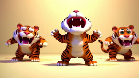 a series of images featuring a cute and playful 3d animated cartoon tiger in various poses, including roaring, jumping, and standing