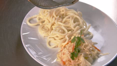 serving udon noodles, chinese chef showcases technique