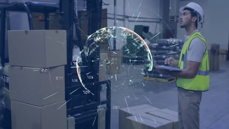 Warehouse-worker-with-clipboard,-digital-globe-and-data-points-animation-over-scene