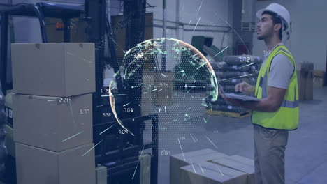 trabajador de almacén con portapapeles, globo digital y puntos de datos animación sobre la escena