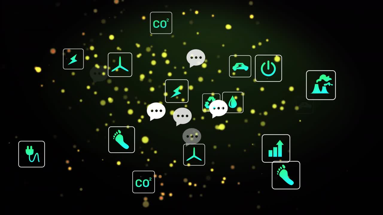 Background brightening starting green energy icons fading, drifting toward center showing eco data
