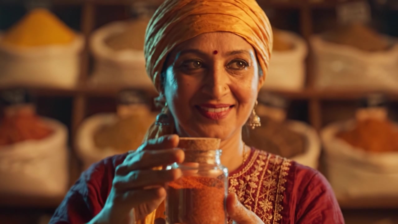 Una donna in abiti tradizionali aggiunge con gioia spezie a un barattolo, mettendo in risalto la sua passione culinaria e il vibrante mondo dei sapori in un'atmosfera da negozio di spezie.
