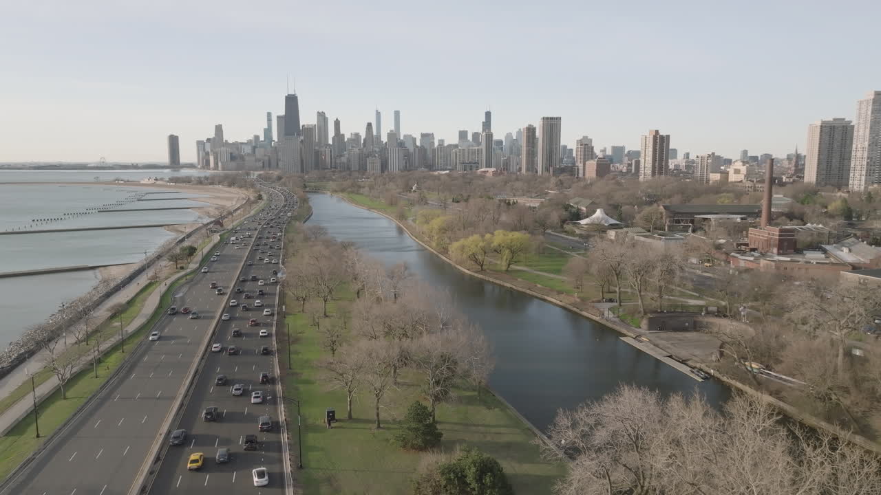 Aerial view of Chicago at sunrise. Shot on a spring morning along Lake Michigan.