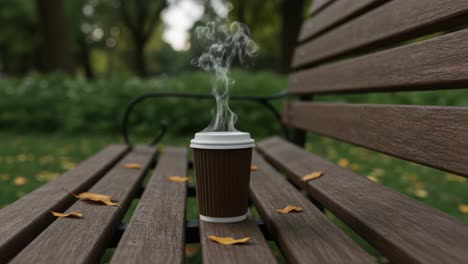 A Serene Autumn Scene Featuring a Steaming Coffee Cup on a Park Bench Surrounded by Fallen Leaves and Lush Greenery, Perfect for Relaxing Moments