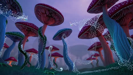 enchanted mushroom forest at twilight with glowing particles