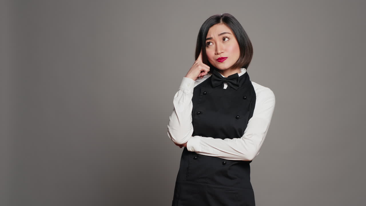 식당의 새로운 메뉴 아이디어에 대해 생각하는 아시아 웨이트리스