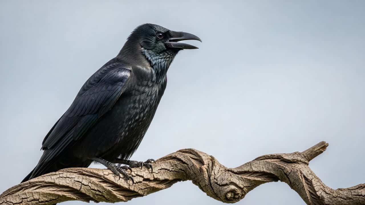 A Majestic Raven Perched on a Twisted Branch, Showcasing Its Sharp Beak and Glossy Black Feathers Under a Clear Sky
