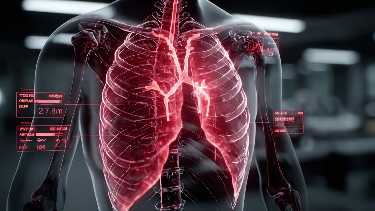Visualizzazione dettagliata del sistema respiratorio umano che evidenzia l'anatomia polmonare e le statistiche vitali in un ambiente clinico