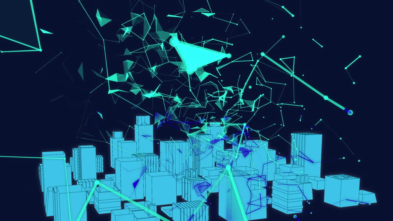 검은 바탕에 도시에 대한 연결 및 모양의 네트워크의 애니메이션