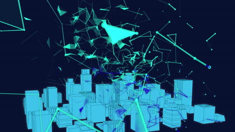 animación de la red de conexiones y formas sobre la ciudad sobre fondo negro