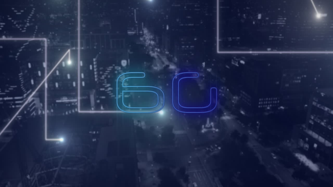 Animaatio 6G-tekstistä, kaupunkikuvasta ja yhteyksistä.
