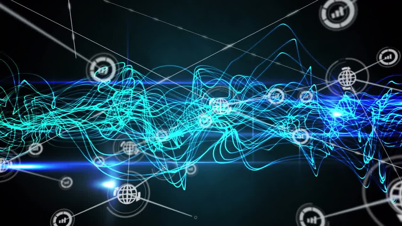 анимация сети цифровых икон и светящихся синих волнистых световых следов на черном фоне