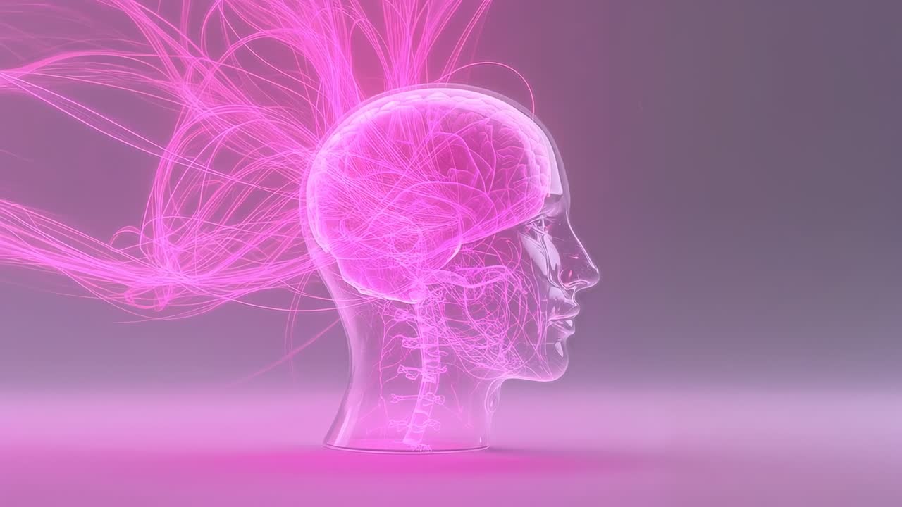 Modello di testa trasparente pulsante che invia filamenti neurali rosa su una base riflettente, che mostra l'attività cerebrale