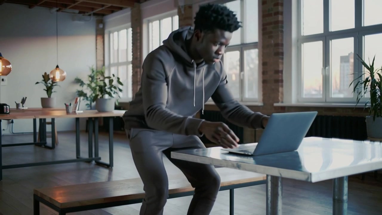 Gazing toward laptop, man in hoodie lifting laptop on metal table in loft workspace to work