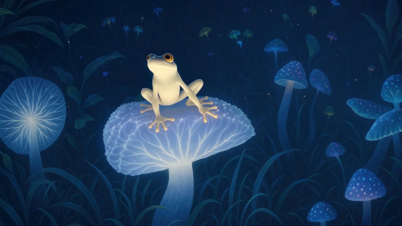 A frog sits atop a glowing mushroom in a mystical forest
