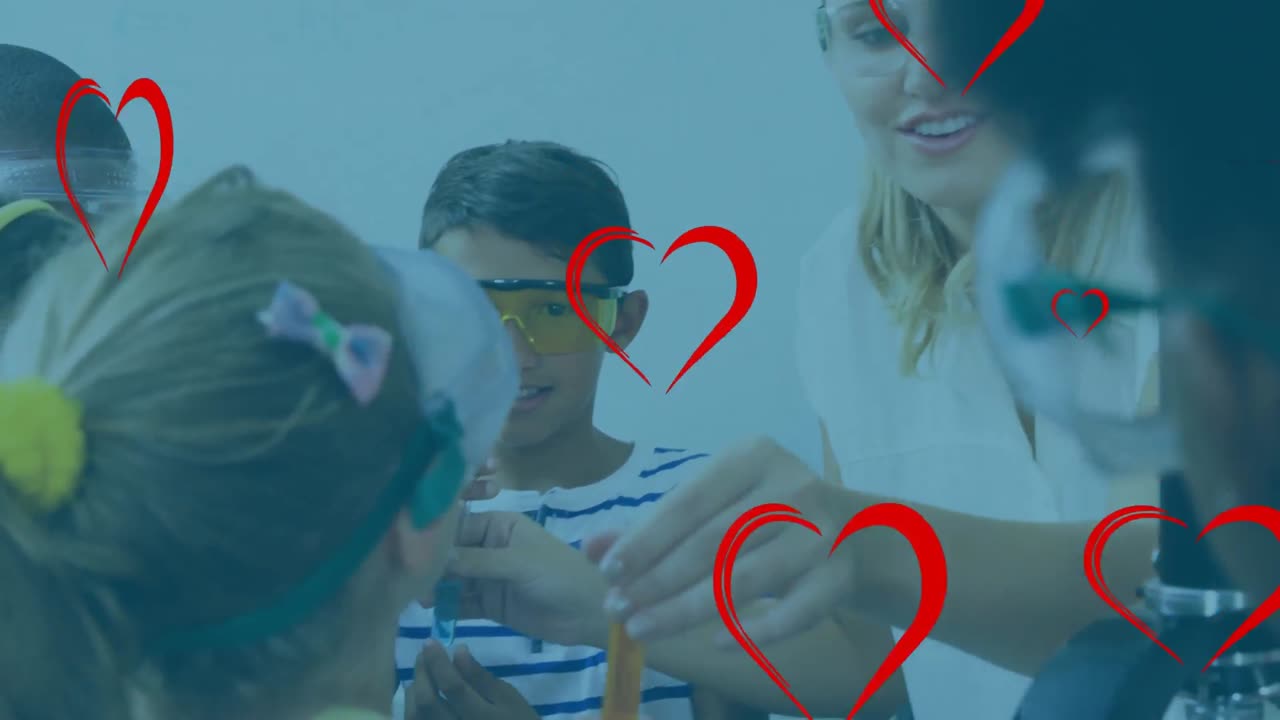 animación de corazones que caen sobre un grupo diverso de estudiantes en el laboratorio