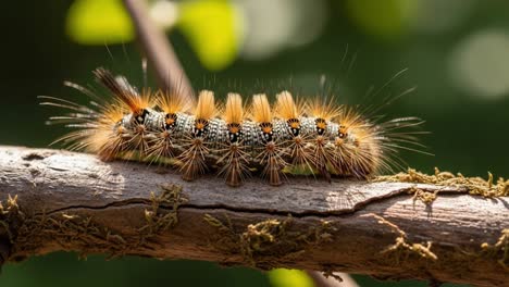 close-up of a colorful caterpillar crawling on a branch with soft focus background highlighting its unique fur and vibrant patterns