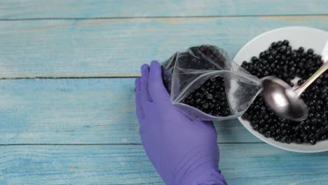 embalaje de arándanos en bolsas de plástico con cremallera para congelar. congelados, frutas de conservación, bayas alimentos