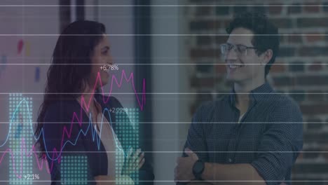 animation of financial data processing over business people talking in office